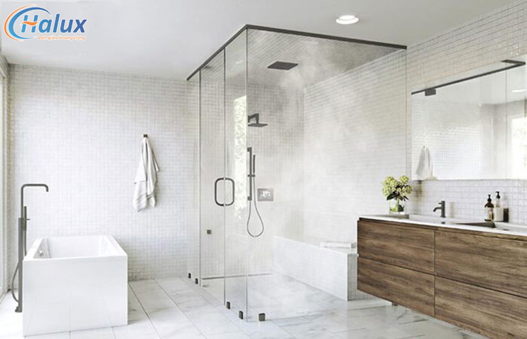 Phòng xông hơi ướt được thiết kế nhỏ gọn trong không gian phòng tắm