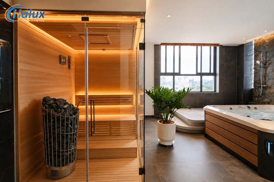 Tổ hợp phòng xông hơi và bồn sục jacuzzi do Halux kiến tạo